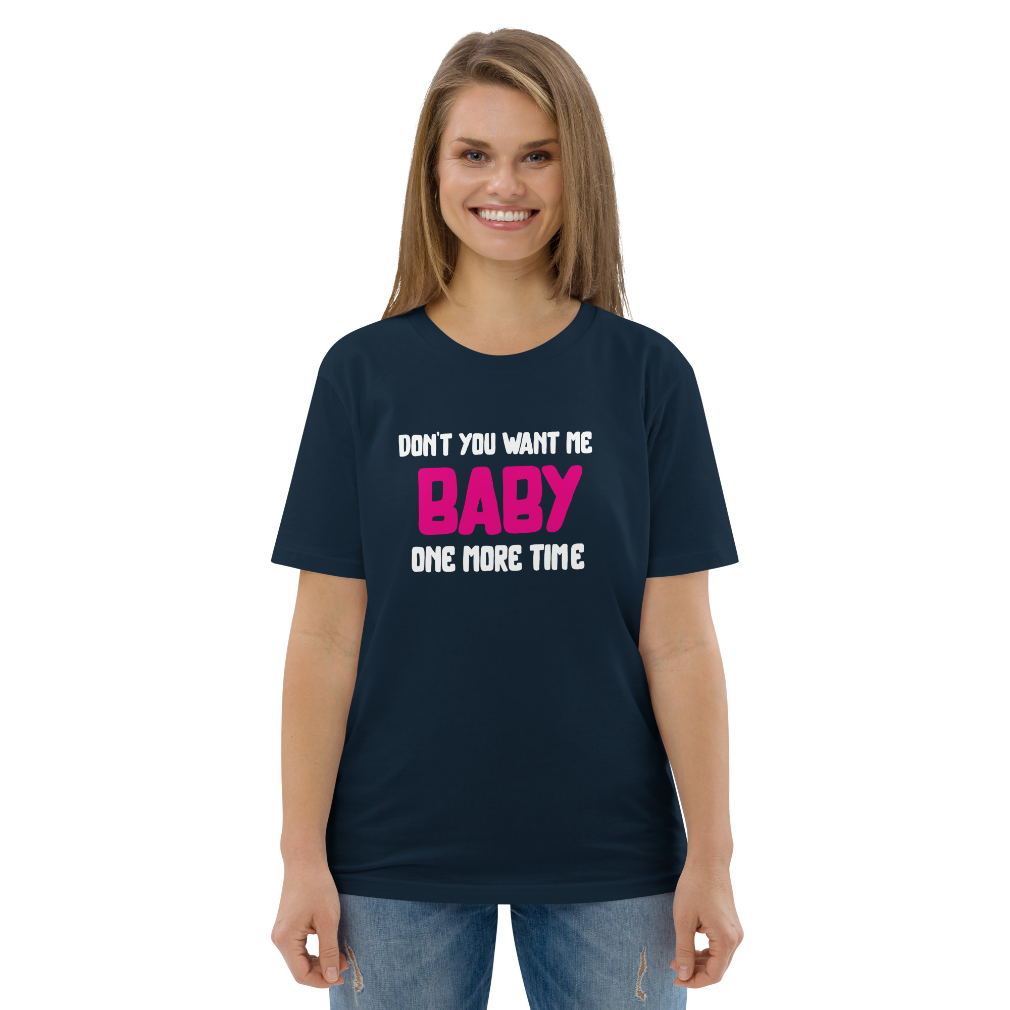 unisex-organic-cotton-t-shirt-french-navy-front-64b6e5b8bbcc6.jpg Debbie & Freddie - Don't you want me baby one more time - mashup t-shirt