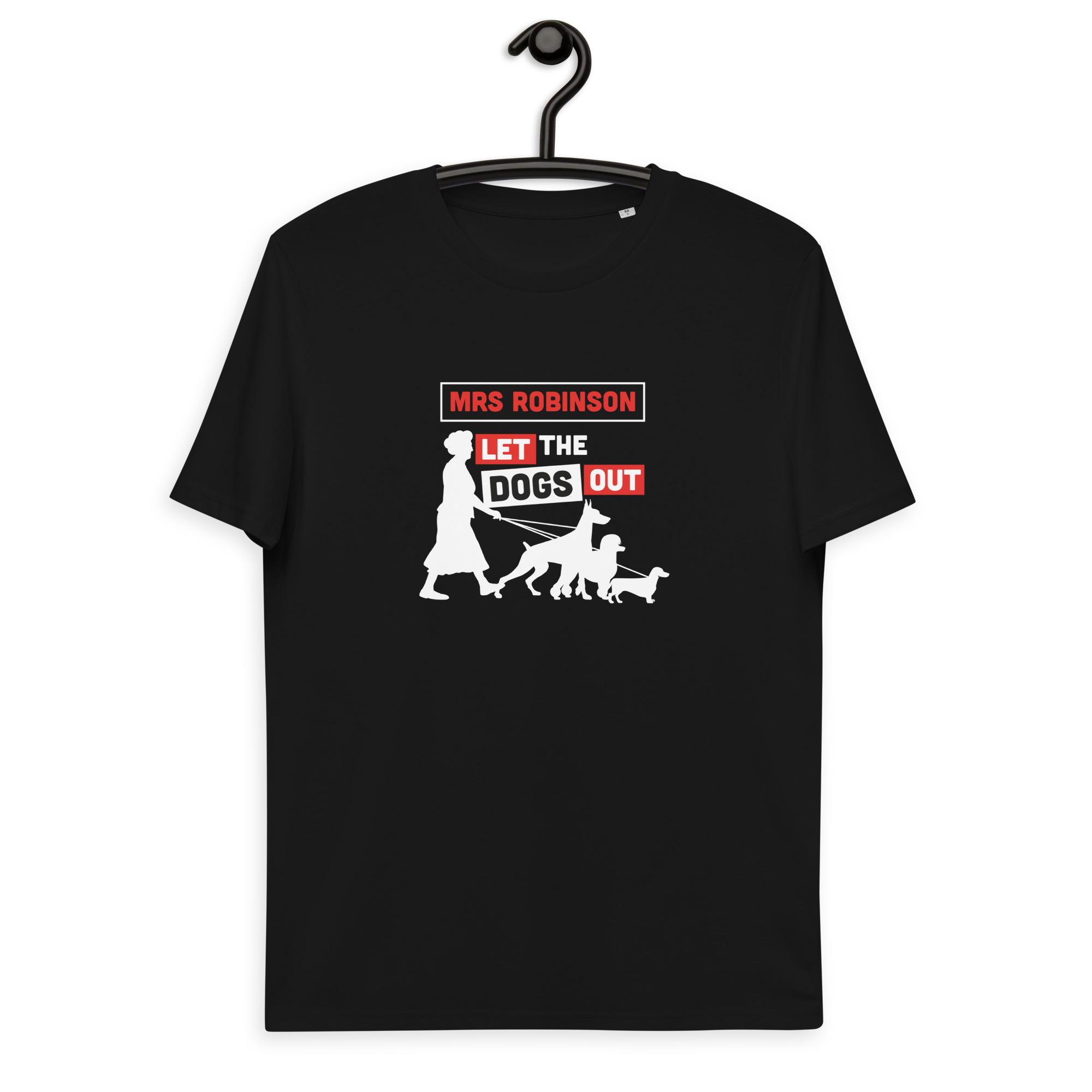 unisex-organic-cotton-t-shirt-black-front-64e9f30290477.jpg Debbie & Freddie - Mrs Robinson let the dogs out - mashup t-shirt